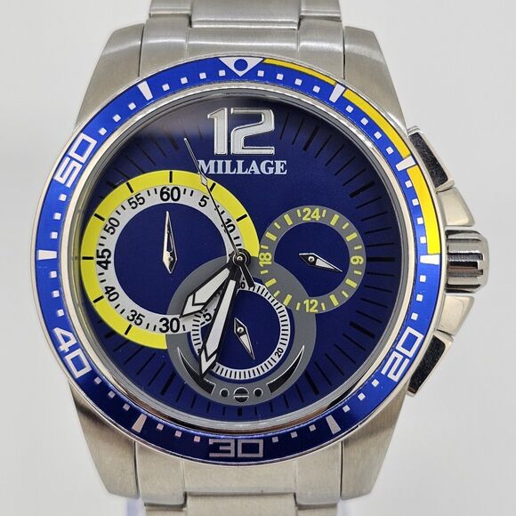 Millage Men's Watch 44MM Blue Dial Gray Bracelet Band 6.5" Wrist New Battery - Picture 2 of 13